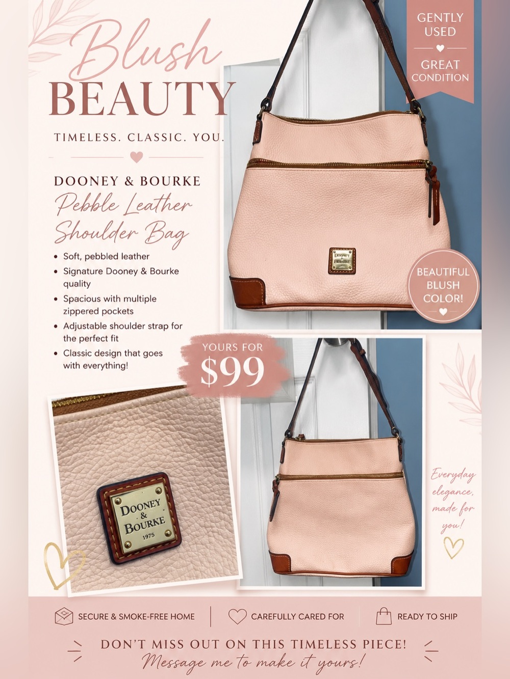 Dooney & Bourke Blush Pink Pebble Leather Shoulder Bag with Brown Trim